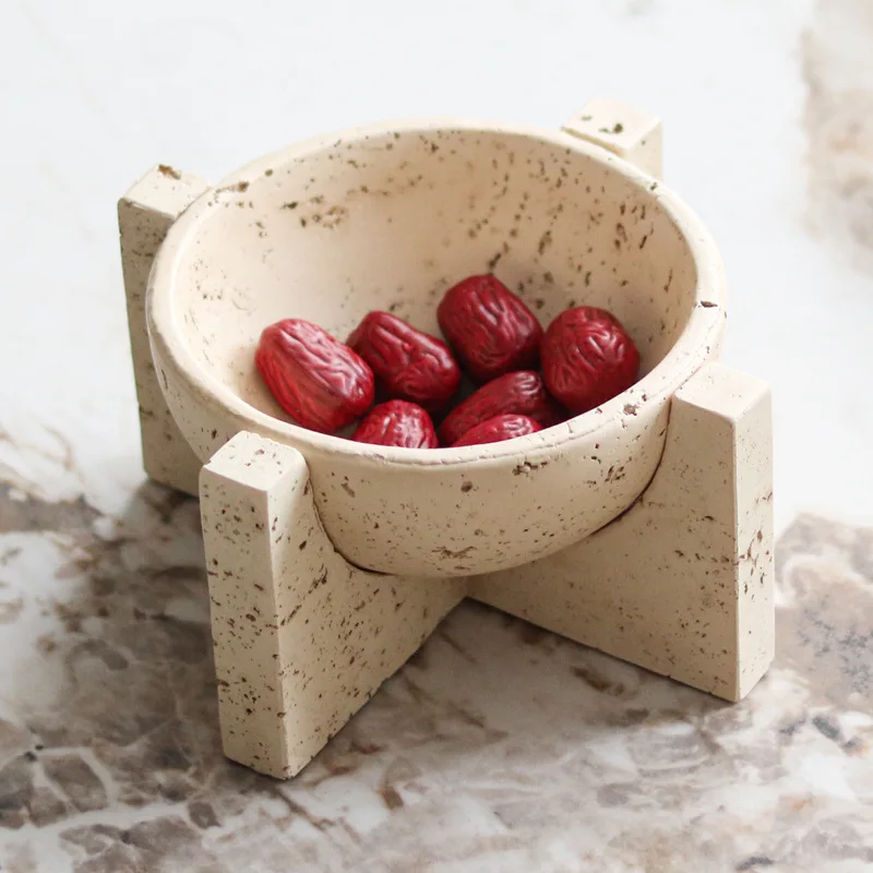 

Wabi Sansan Fruit Plate Snack Nut Bowl Ornament Light Luxury Model Room Imitation Travertine Cross Base Storage Plate Ornament