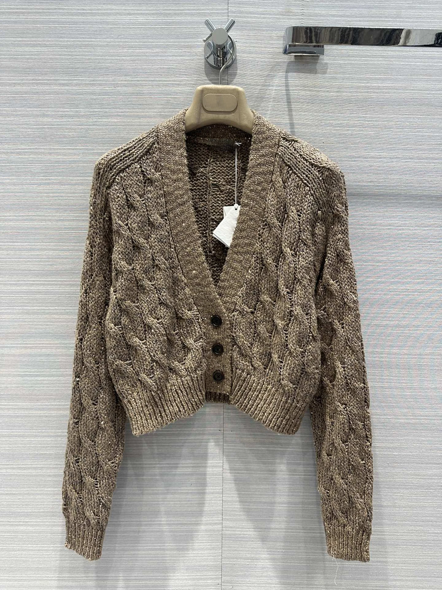 Women\'s Sequin Cotton Linen Yarn V-Neck Twist Cardigan, Female Sweater, High Quality, Autumn and Winter, New Products, 2022