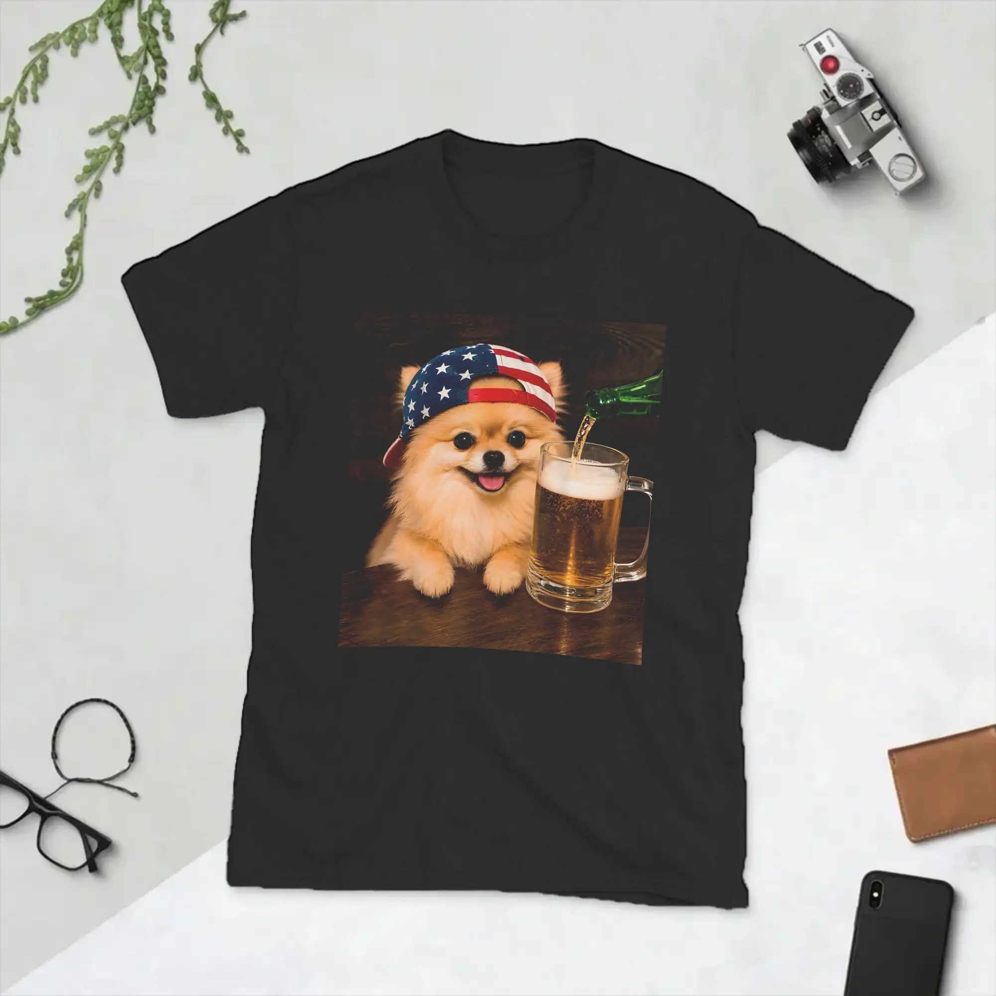 Pomeranian Dog Drinking Beer Patriotic  T Shirt Men Pure Cotton Vintage T-Shirts Funny USA 4th of July Tee Shirt Clothing Party