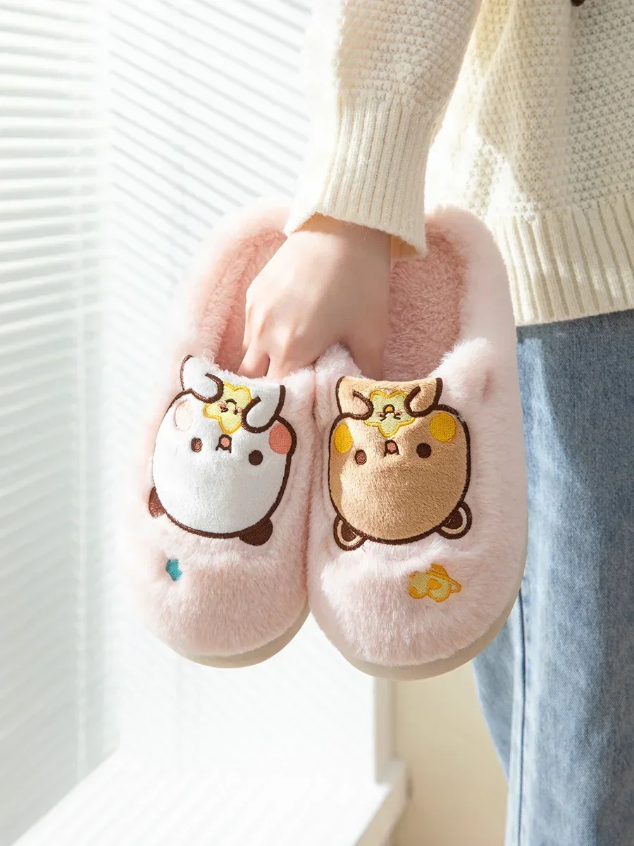 New Kawaii Panda Dudu And Bubu Katon Cute Plush Cotton Slippers Men\'s And Women\'s Winter Couple Furry Winter Home Cotton Drag