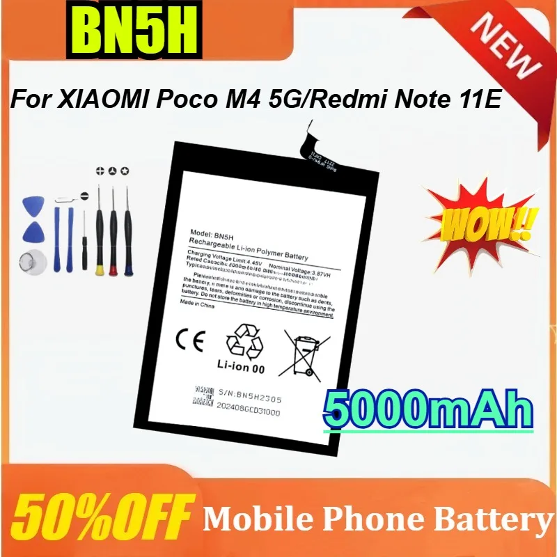 

BN5H 5000 мАч Новый сменный аккумулятор для мобильного телефона Xiaomi для POCO M4 M5 5G для Redmi Note 11E с наборами инструментов высокого качества