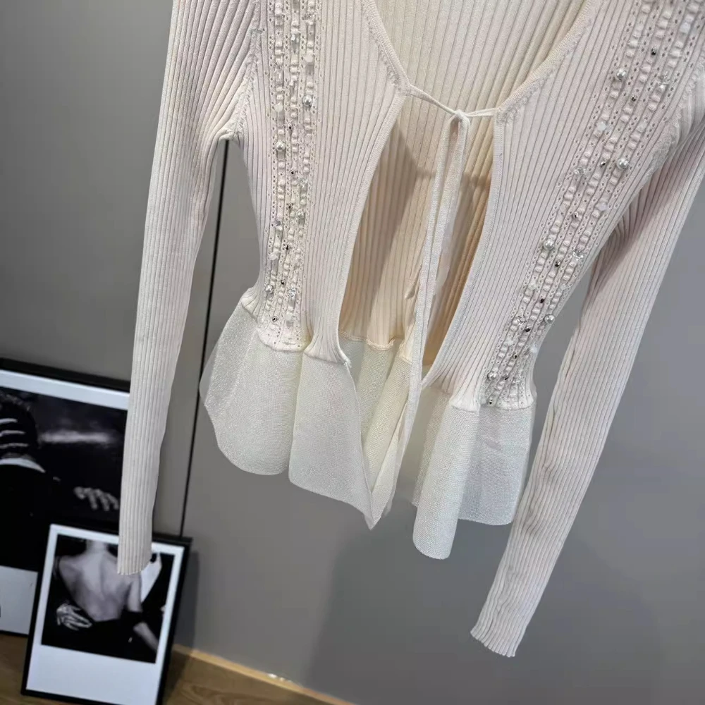 CHICEVER Spliced Beading two piece set for Women O Neck Long Sleeve Patchwork Ruffles Hem Coat with Short Vest Sweet Suit Female