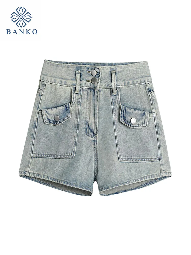 

High Quality Jeans Short Classical Daily Women High Waist Hot Pants Button Streetwear Blue Denim Shorts Casual American Retro