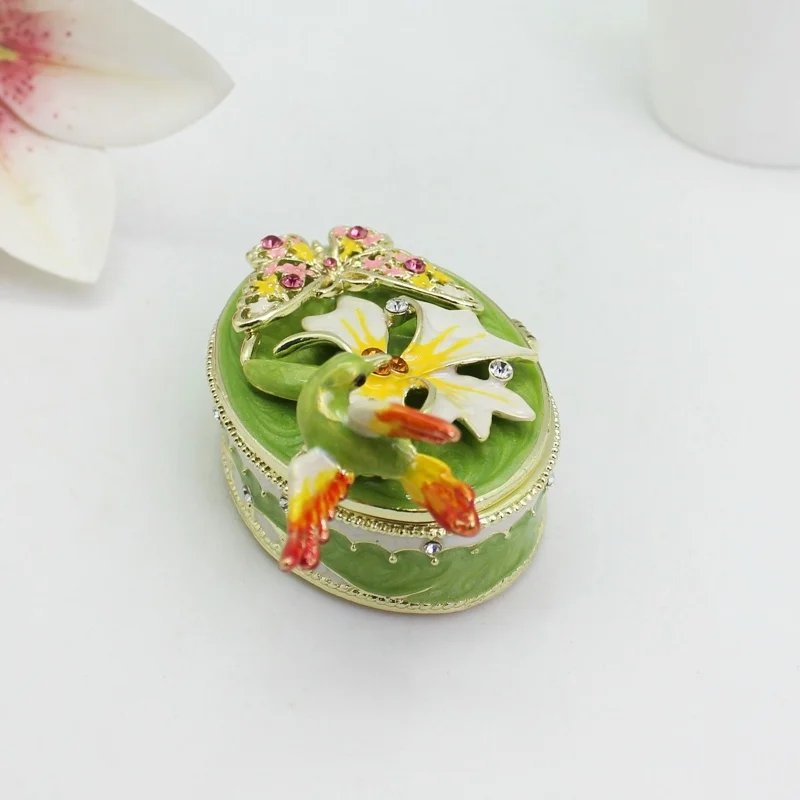 SHINNYGIFTS Hand Painted Enamel Hinged Trinket Box, Hinged Jewelry Organizer Box for Mini Ring Necklace ( Hummingbird on Box)