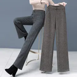 Sping Autumn Woolen Wide Leg Pants New Women Solid Pockets Elastic High Waist Fashion Casual Thicken Loose Straight Trousers
