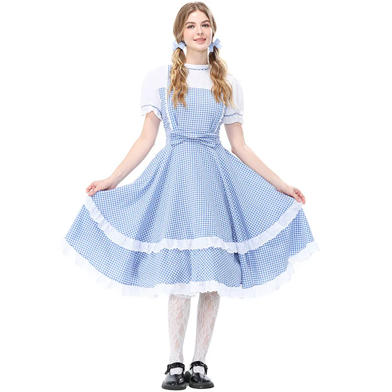 Halloween Ladies Cosplay Dress Cute Princess Style Full Skirt Plaid Short Sleeve Blue White Checkered Women's Costume Skirt