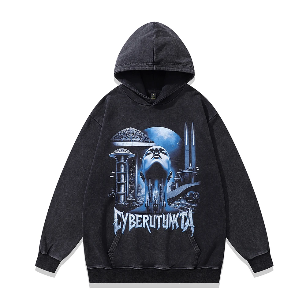 Distressed Washed Men's Hoodies Y2k Oversized Hip Hop Streetwear Hooded Cyber Robot Print Grunge Sweatshirt Loose Man Clothing