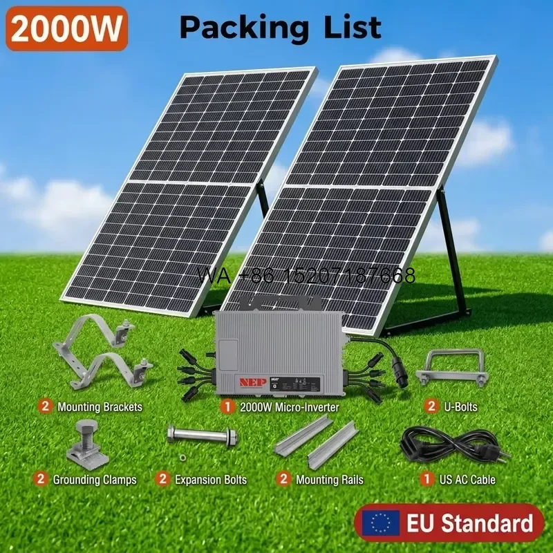 Wmwmnu for High Output 2KW Balcony Solar System Grid Tie Plug Play Microinverter 230V Kit with Panel Bracket MPPT