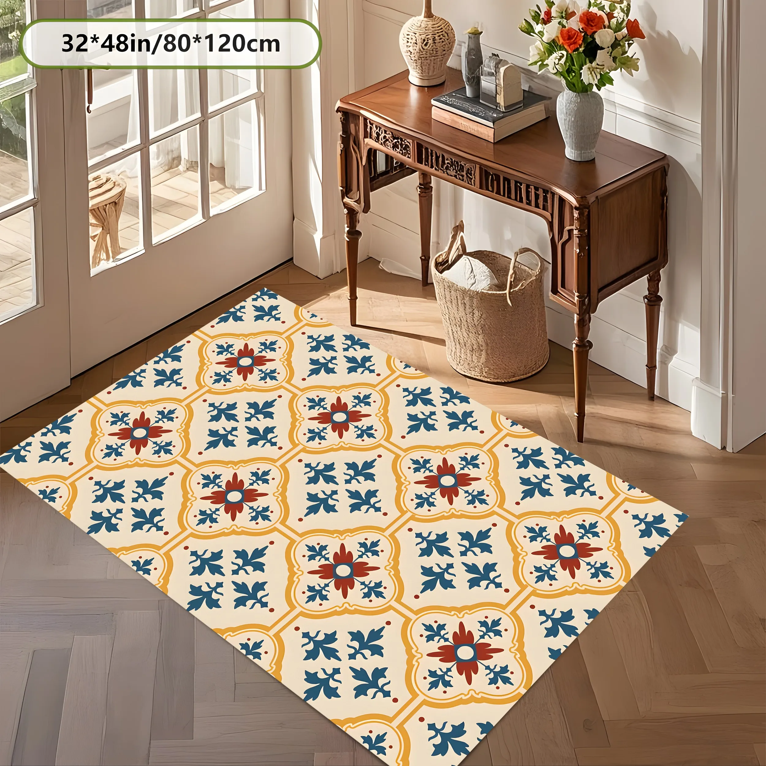 Vintage Moroccan Carpet, Contrasting Floral and Brick Pattern, Soft Skin-Friendly Velvet for Living Room Bedroom Home Decor