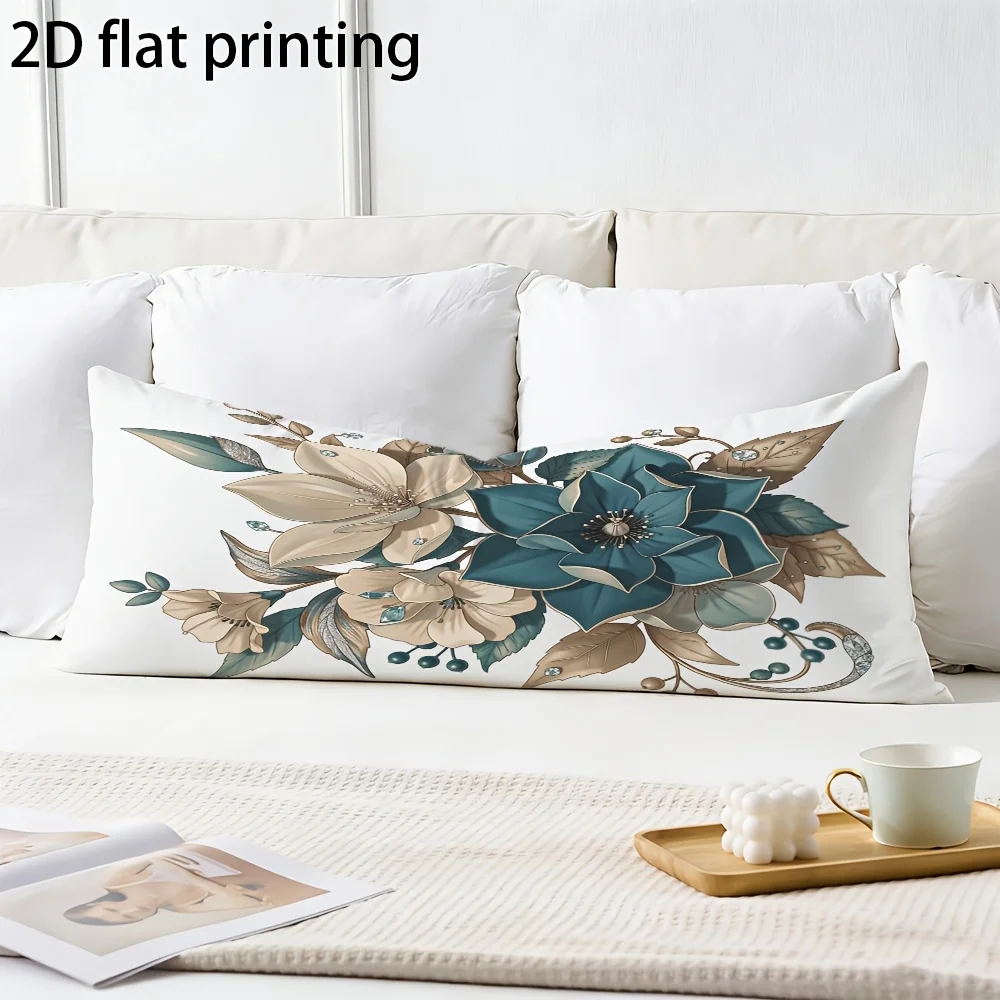 2D Flat - Long Pillowcase, 2D Printed Design, Blue Floral Pearl Decor Pattern, Durable Fabric, Full Body Support Pillowcase, Dou