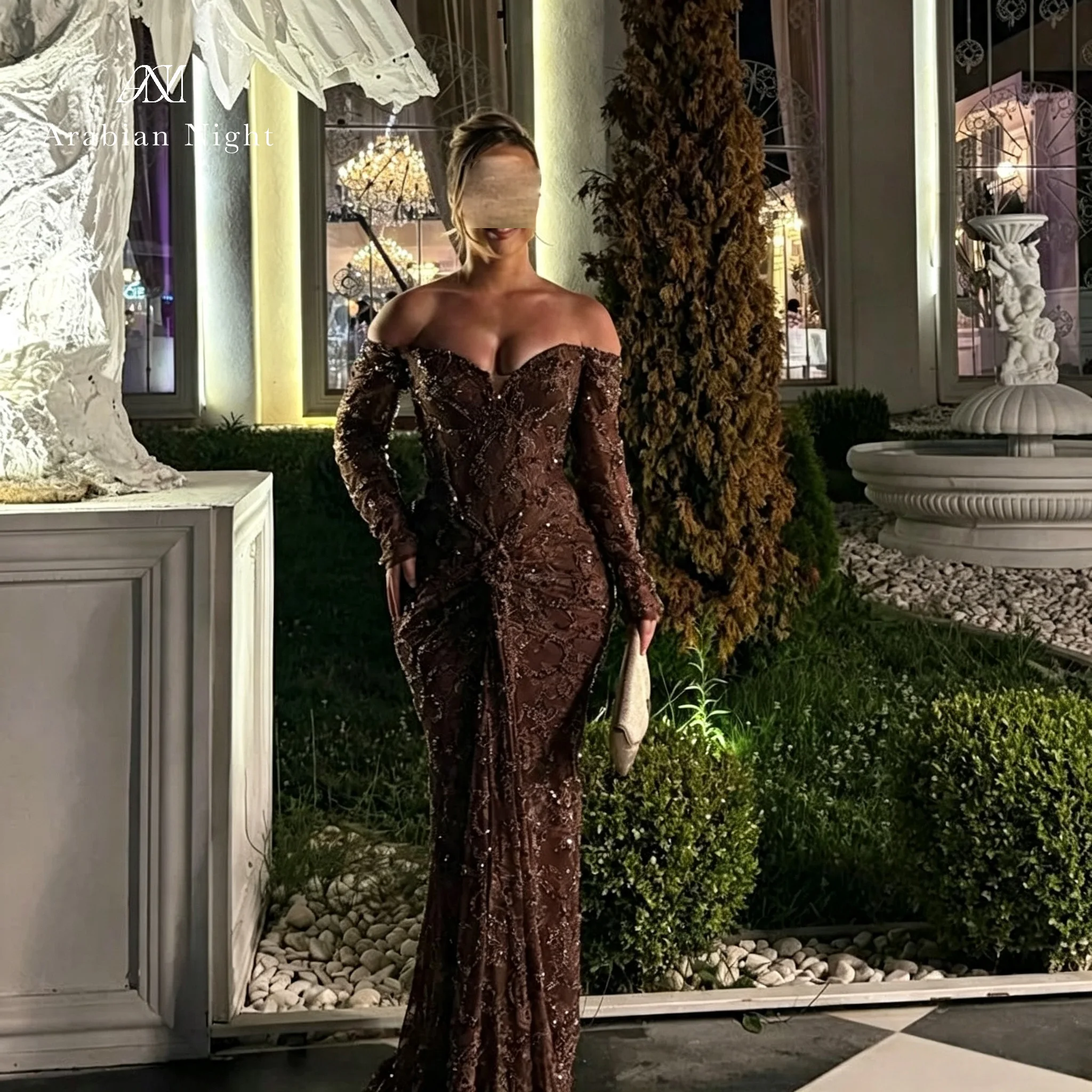 Arabian Night Customized Brown Evening Dresses Lace Sequined Mermaid Prom Dress Plus Size Luxury Party Gown Vestidos De Fiesta