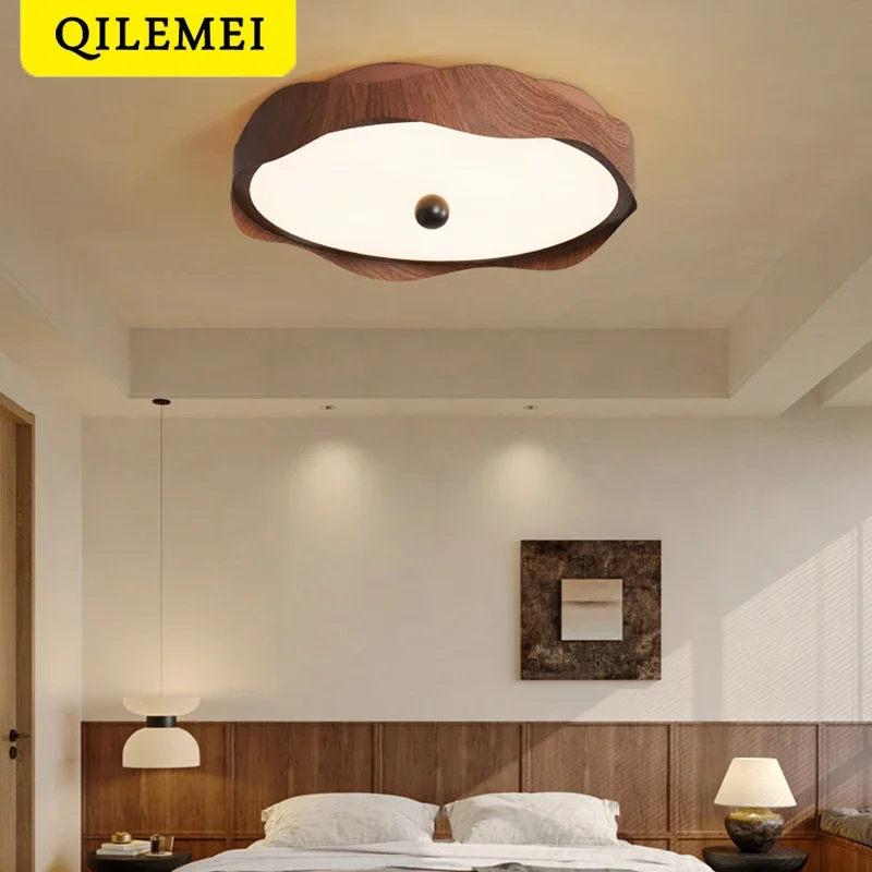 Plafoniera per camera da letto Stile antico Legno di noce Colore Circolare Soggiorno Lampada da soffitto a luce ondulata Illuminazione per interni a LED