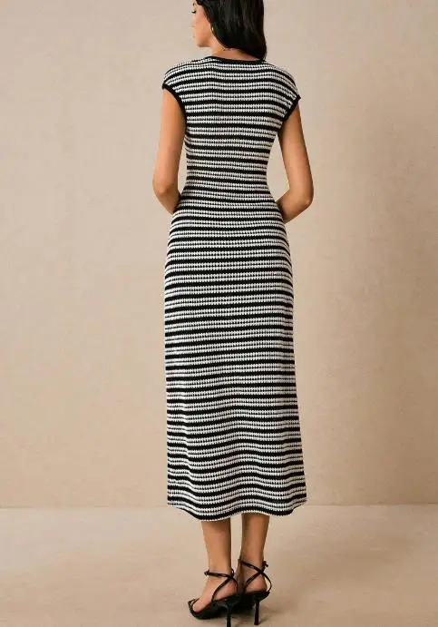 فستان نسائي خريفي مخطط محبوك للتخسيس فستان طويل بدون أكمام بخطوة واحدة طراز عصري 2025