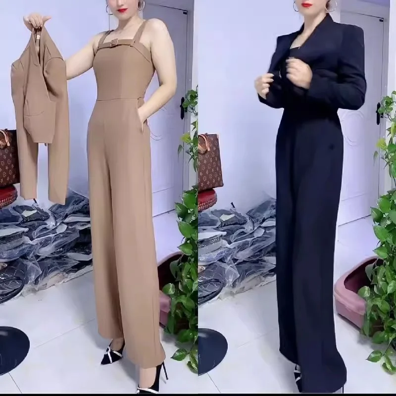 Single Piece/Suit Fashion Suit Female 2024 Autumn New Straps Harem Pants Blazer+Straps Pants Two-Piece Sets Women Wide Leg Pants