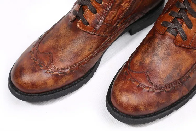 Men's Vintage Genuine Leather Combat Boots Classic Wingtip Brogue Ankle Boots Thick Sole Lace Up Casual Dress Shoes Men Footwear