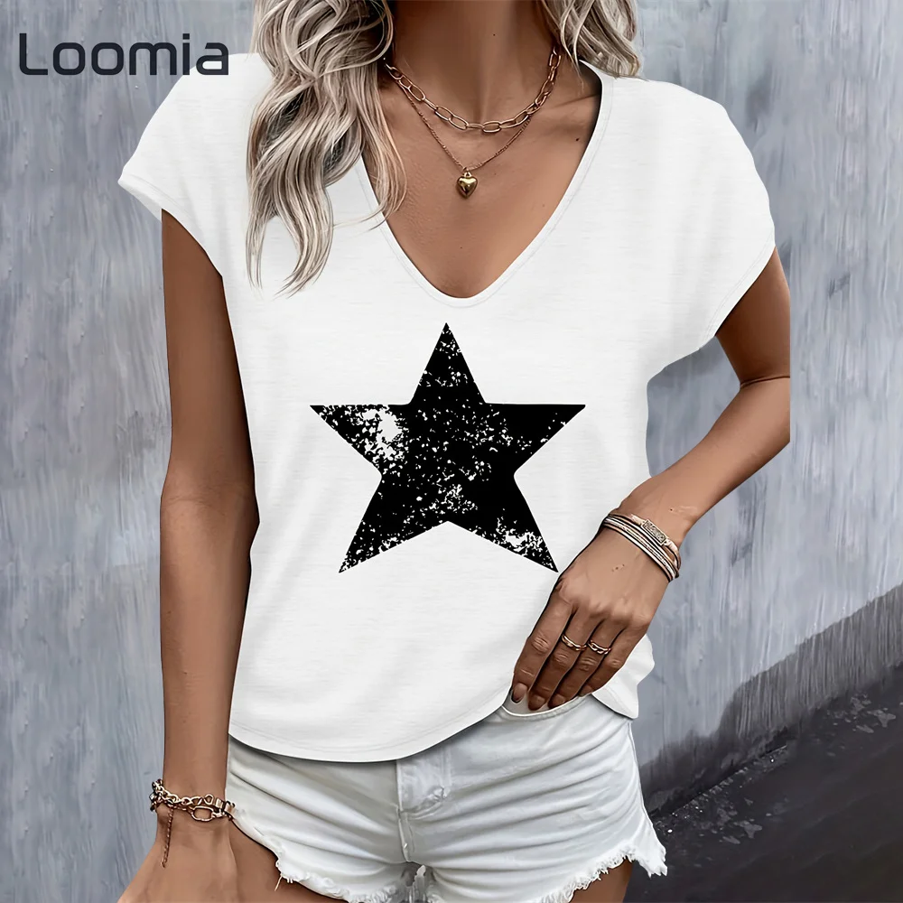 

Summer Minimalist Star Pattern T-Shirt Fashion Woman Clothing V-Neck Female Clothing Harajuku Streets Star Graphic T Shirts Top