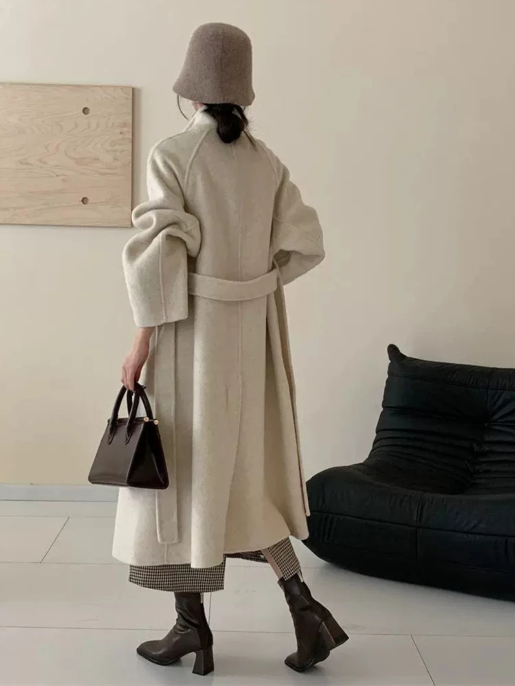 LANMREM Fashion cappotto di lana a doppia faccia colletto alla coreana da donna cappotti a vita arricciati con lacci singoli 2024 nuovo 2 z2349