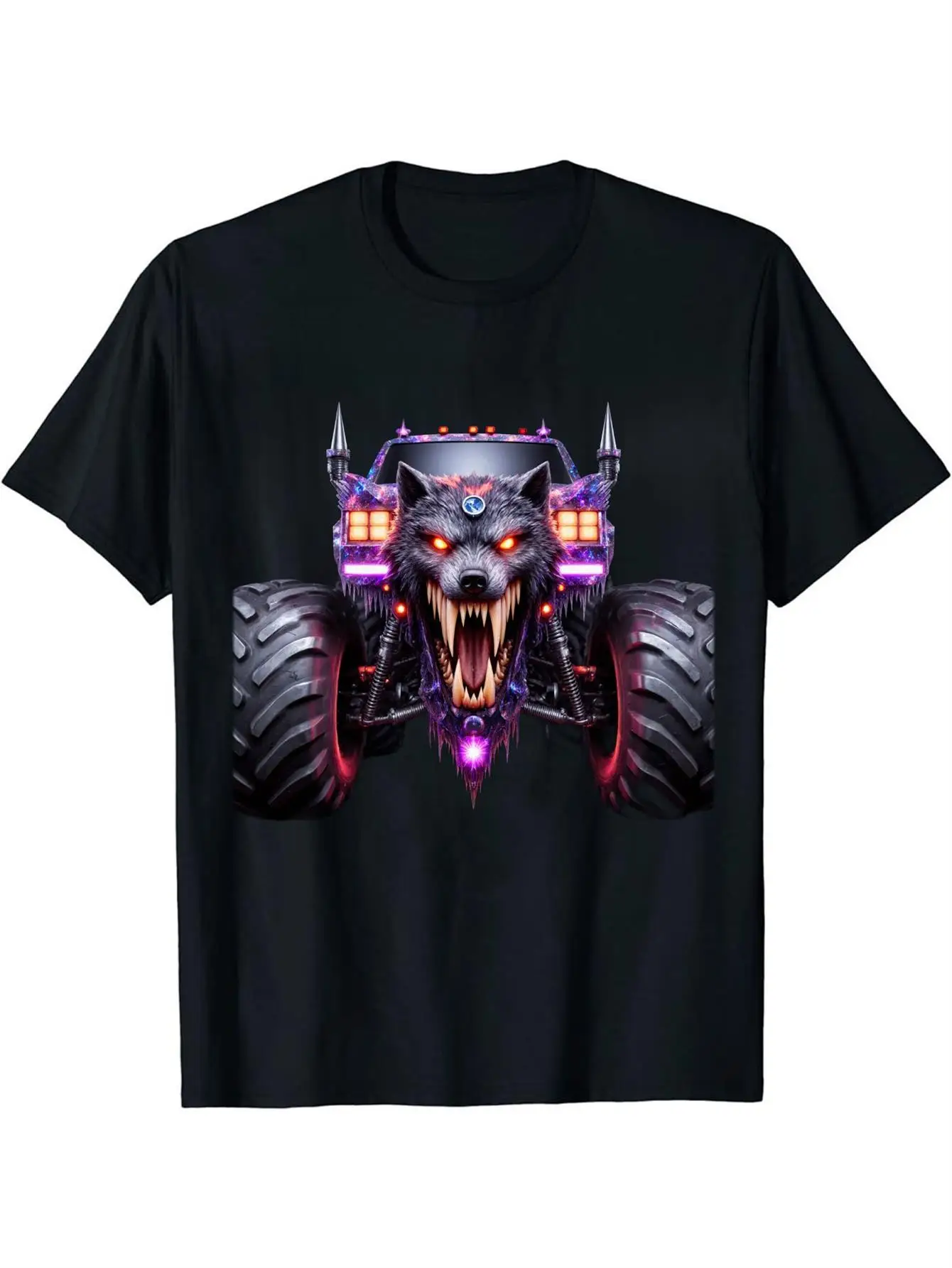 Rebel Men's Black Graphic T-Shirt Wolf Head Monster Truck Giant Tire Neon Purple Flame 100% Cotton Heavyweight Short Sleeve Casual Streetwear Tee