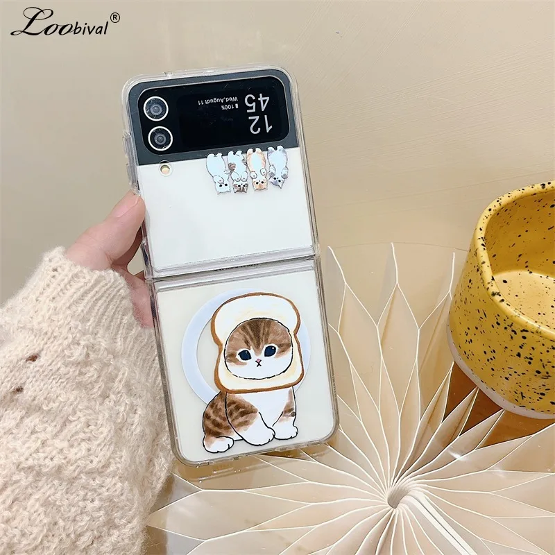 Cute Cartoon Cat Panda for Magsafe Case for Samsung Galaxy Z Flip 6 5 4 3 ZFlip flip6 Magnetic Transparent Acrylic Slim Cover