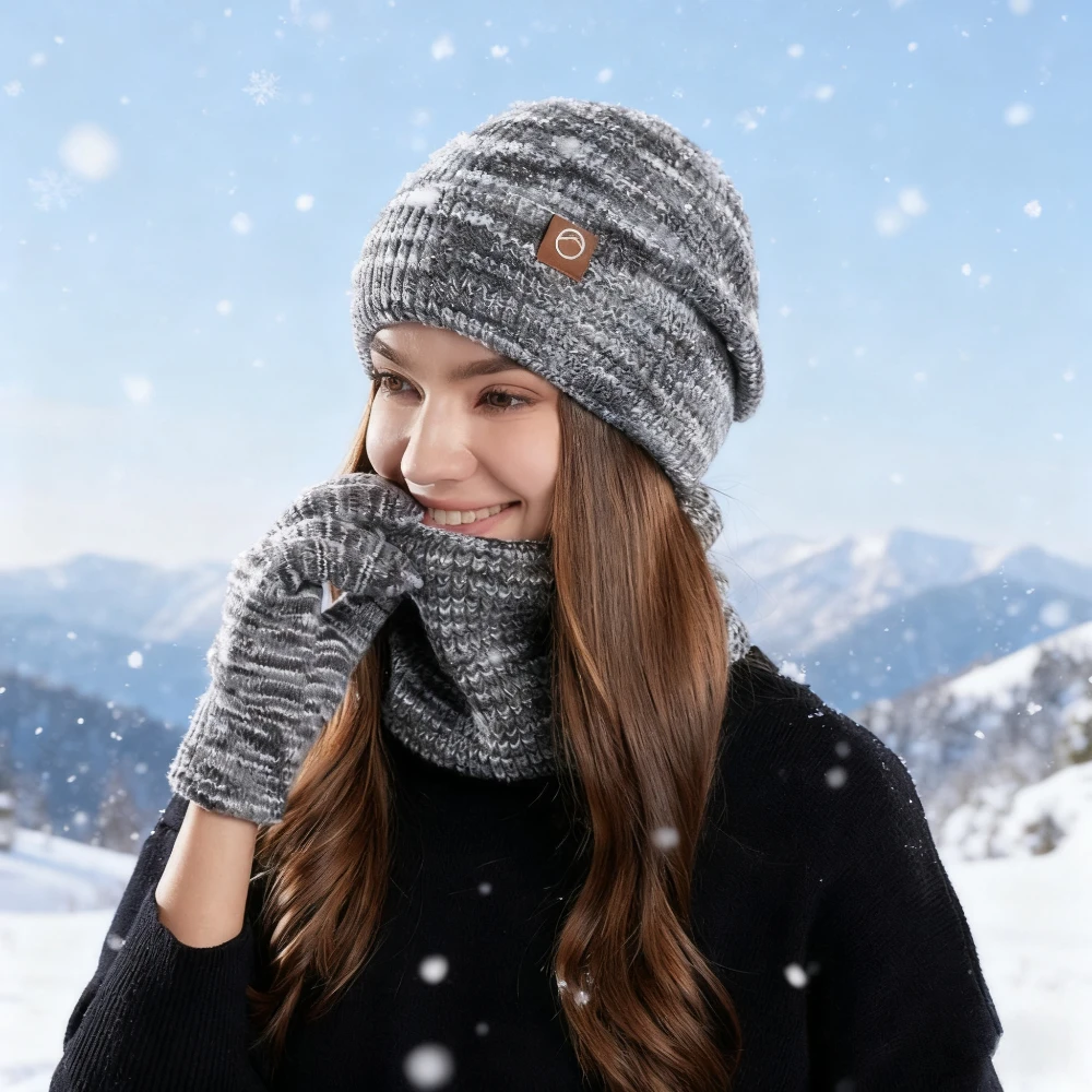 Unisex 3PCs Ultra-Soft Chunky Knit Set Fleece-Lined Beanie Touchscreen Gloves & Neck Warmer Winter Essentials for Cold Weather