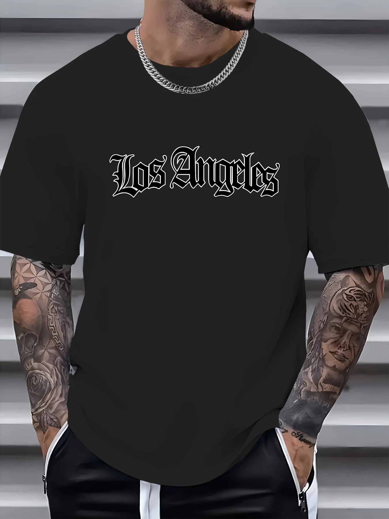 Men's Summer 100% Cotton Fashionable Casual Loose Stylish Los Angeles Letter Graphic Print Round Neck Short Sleeve T-shirt Top