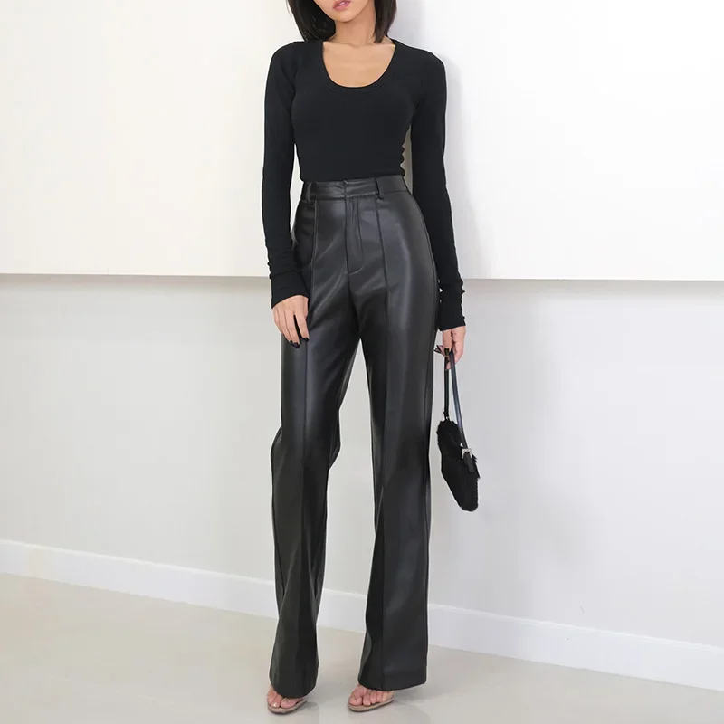 Women Leather Pants Straight-leg Trousers High Waist Leather Pants