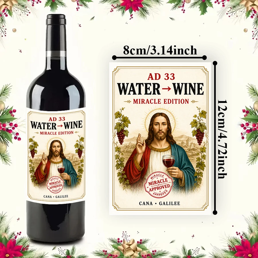 5 Pcs Water to Wine Bottle Labels, Christian Christmas Wine Stickers, Funny Religious Miracle Edition Labels for Holiday Gifts