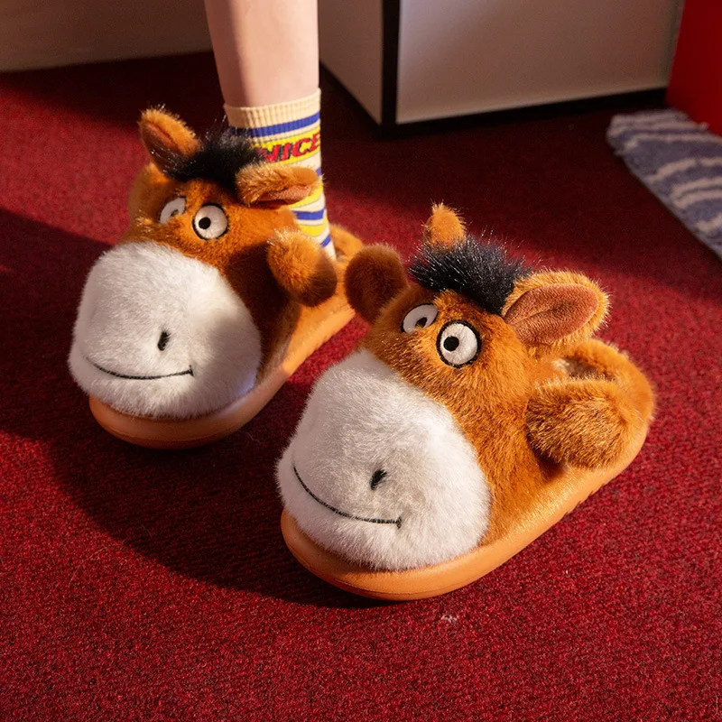 

Funny Donkey Plush Slippers 2025 Autumn Winter New Men's Indoor Slippers Non Slip Warm Fleece Lined Household Slippers