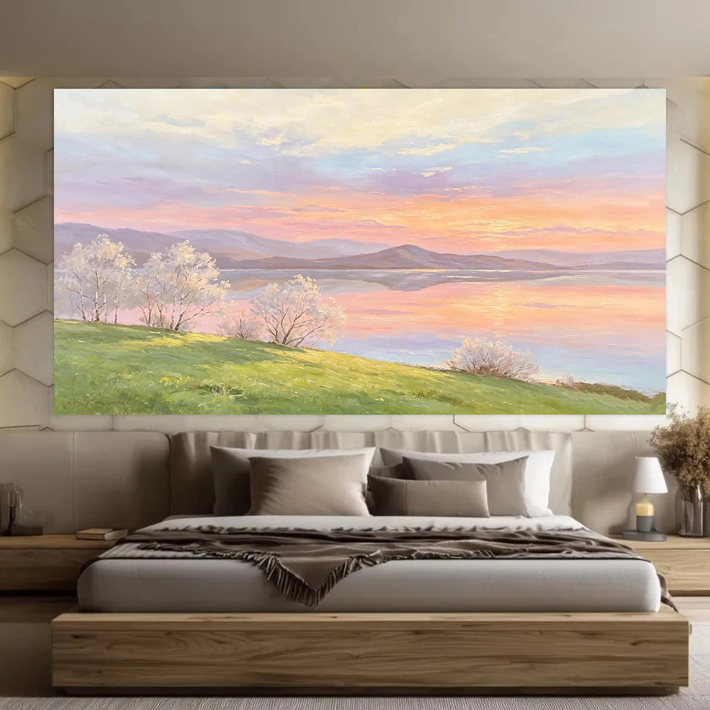 100% Hand Painted Abstract Oil Painting Original Pastel Pink Sunset Lake Reflection For Home Living Room Decor Bedroom Wall Art