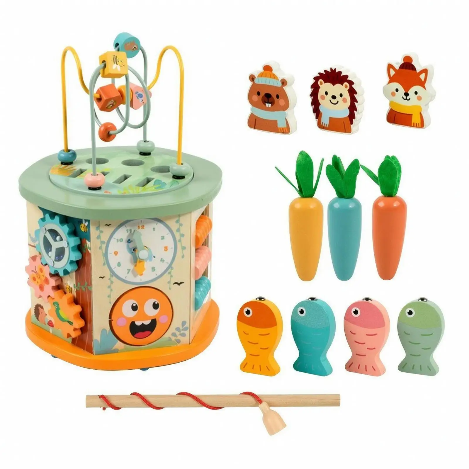 Toddler Wooden Learning Cube Activity Toy with Fishing Game and Shape Matching Montessori Educational Play Set for Children