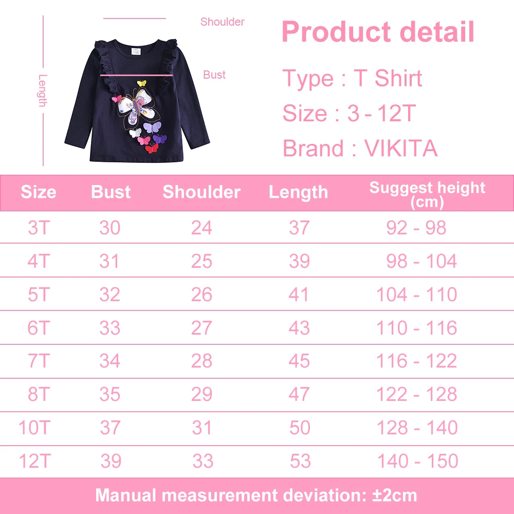 Vikita-camiseta de manga comprida com borboleta 3d appliqued para meninas, algodão, casual, princesa, estilo marinho, bonito