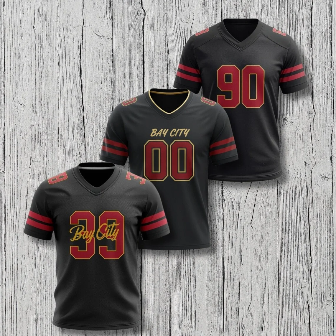 Custom Football V Neck Jersey Shirt Black Red Gold Personalized Number City Name Fan Game Day Sports Gift
