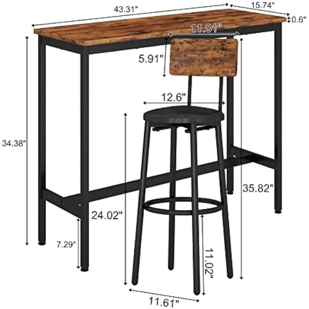 Bar Table Set, Chairs Set, 3-Piece Dining Table Set, Bar Height Counter with 2 Stools, Industrial Breakfast Table