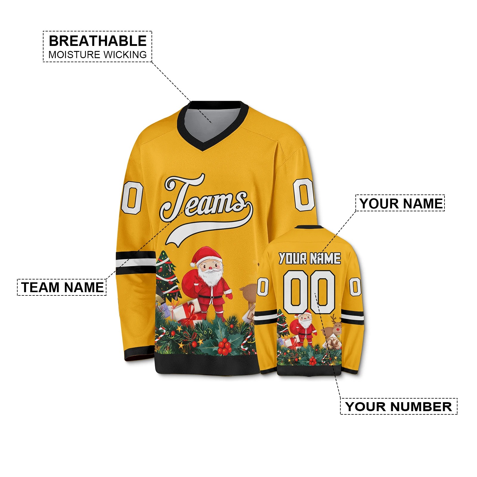 Yellow Hockey Jersey Christmas Santa Custom Printed Team Name Number Sports Uniform Men Women Youth Kids Fans Xmas Gifts