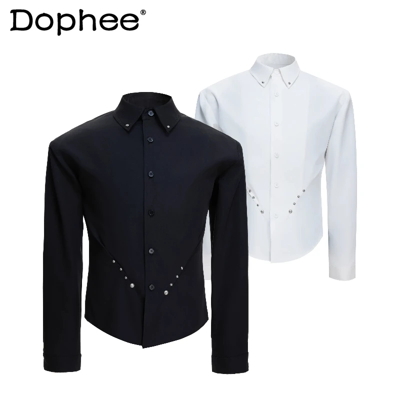 

2026 Men's Spring New Fashion Shirts Unique Rivet Waist-tight Long-Sleeve Solid Color Elegant Shirts Male Stylish Handsome Tops
