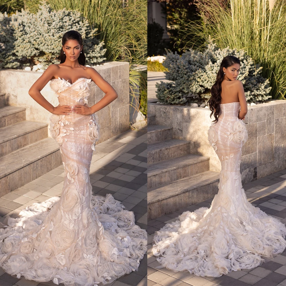 

Elegant Evening Dresses Strapless 3D Floral Flowers Prom Gown Lace Backless Princess Mermaid Customized Vestidos De Noche