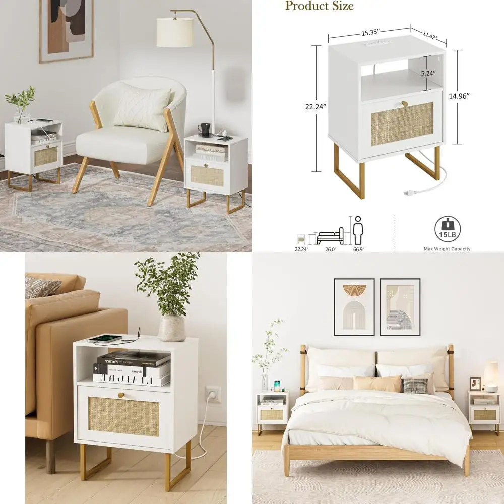 

Modern Farmhouse Rattan Nightstand with Charging Station, Storage Drawer, and Open Shelf for Bedroom, Living Room, or Office in