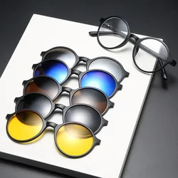 6 In 1 Spectacle Frame Men Women Optical Myopia With 5 Clip On Polarized Sunglasses Magnetic Glasses For Male Eyeglasses 2280