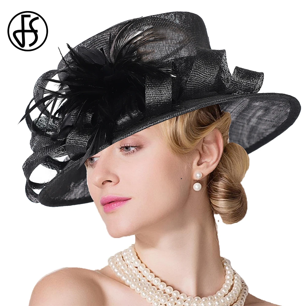 FS Luxury Black Sinamay Bowler Hat With Feather Winter Wedding Bridal Hats For Women Cocktail Party Derby Cap Chapeau Femme 2025