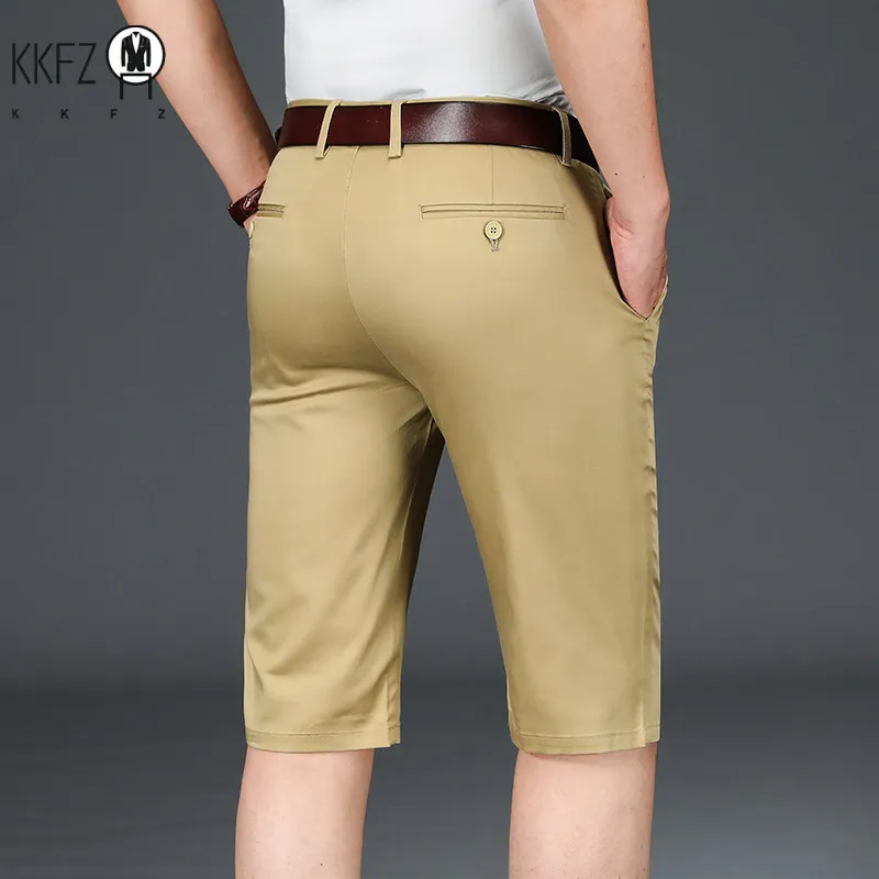 Anti Crease Male Formal Knee Shorts Elastic Waistband Slash Side Pockets Breathable Woven Workplace Versatile Short Slacks