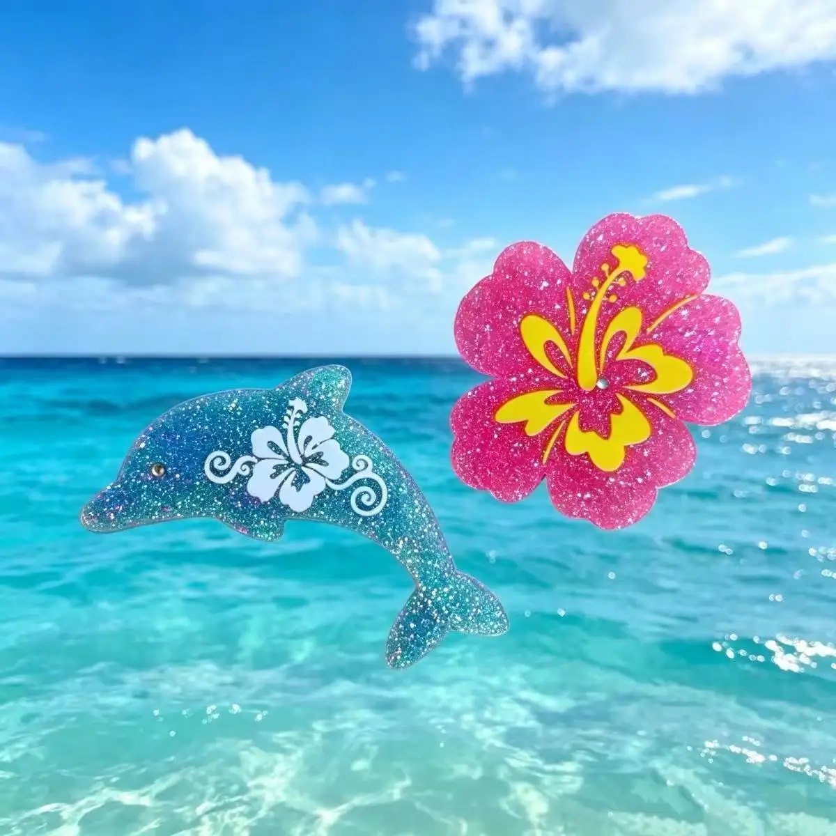 Neues INS Delfin Tier Haarspangen-Set Glitzernde Blau-Rosa Hibiskusblüten Haarklammern mit Tropischem Design Haarschmuck