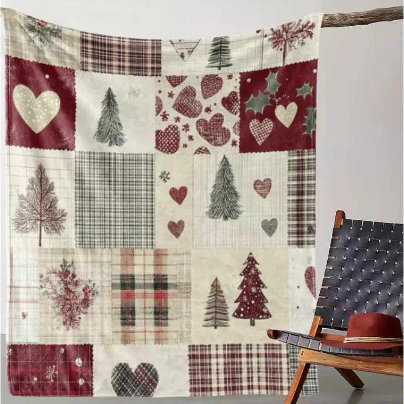 Christmas Flannel Blanket Patchwork Xmas Trees Hearts Cozy Sofa Festive Warmth Durable Soft Holiday Decor Certified Quality