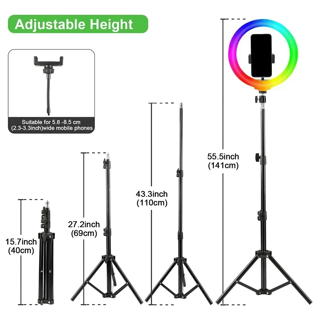 Zomei 110 cm Telefoon Statief met 12''RGB Selfie Ring Licht 32 cm LED Invullicht Fotografie Standhouder voor Mobiele Telefoon Youtube