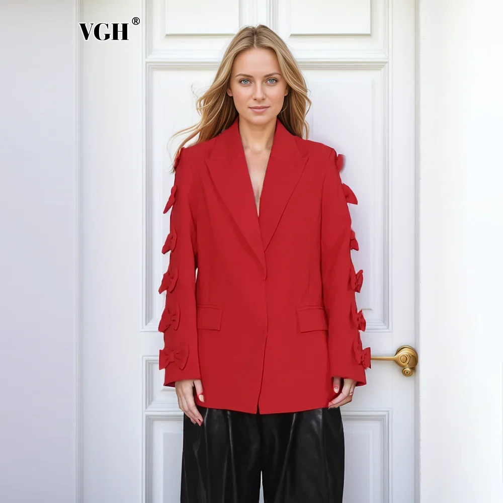 

VGH Patchwork Bowknot Casual Blazer For Women Notched Collar Long Sleeve Spliced Pockets Temperament Solid Blazers Female New