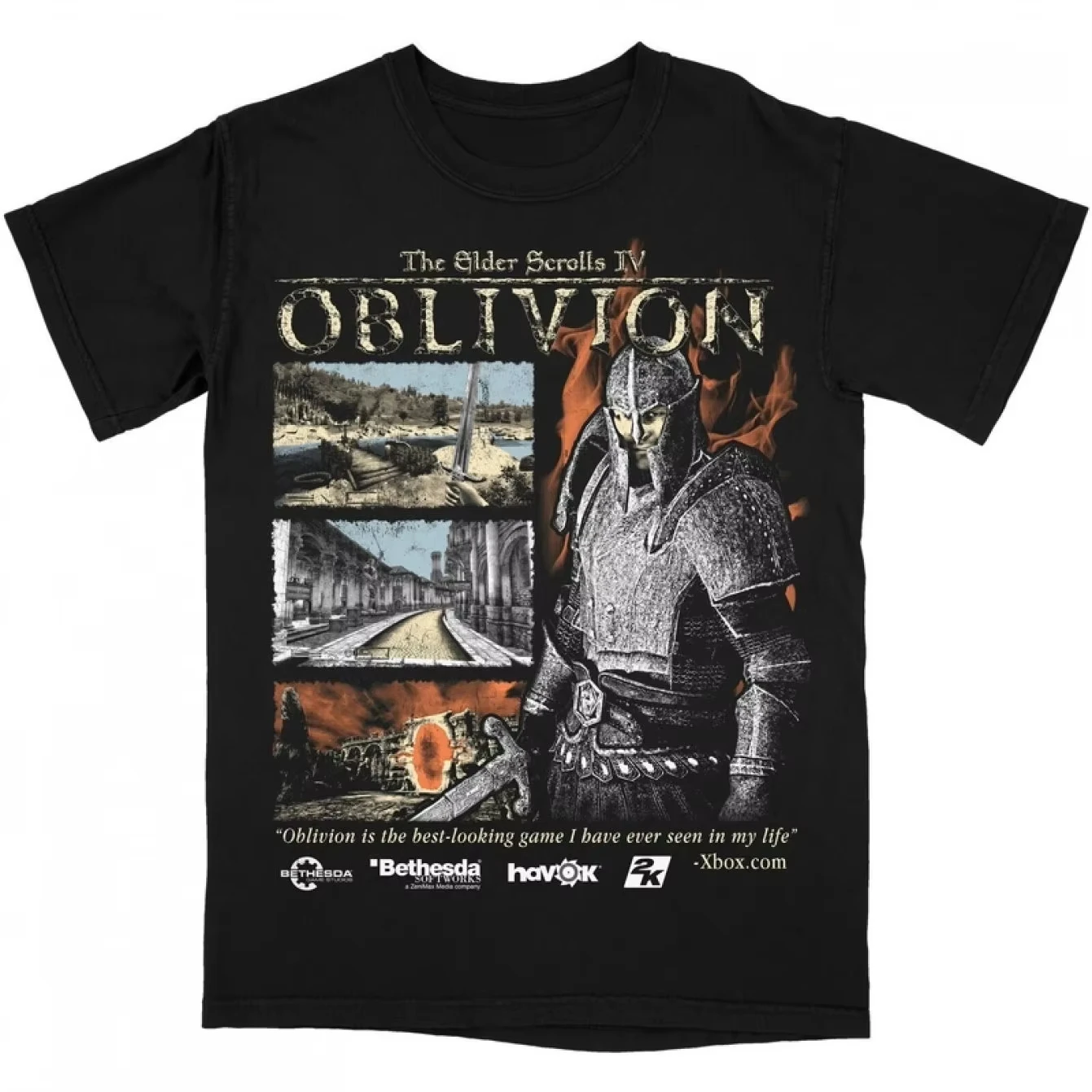 Camiseta gráfica inspirada oficialmente en The Elder Scrolls IV Oblivion, camiseta negra para juegos, diseño Knight Flames, para hombres y mujeres, para todas las estaciones