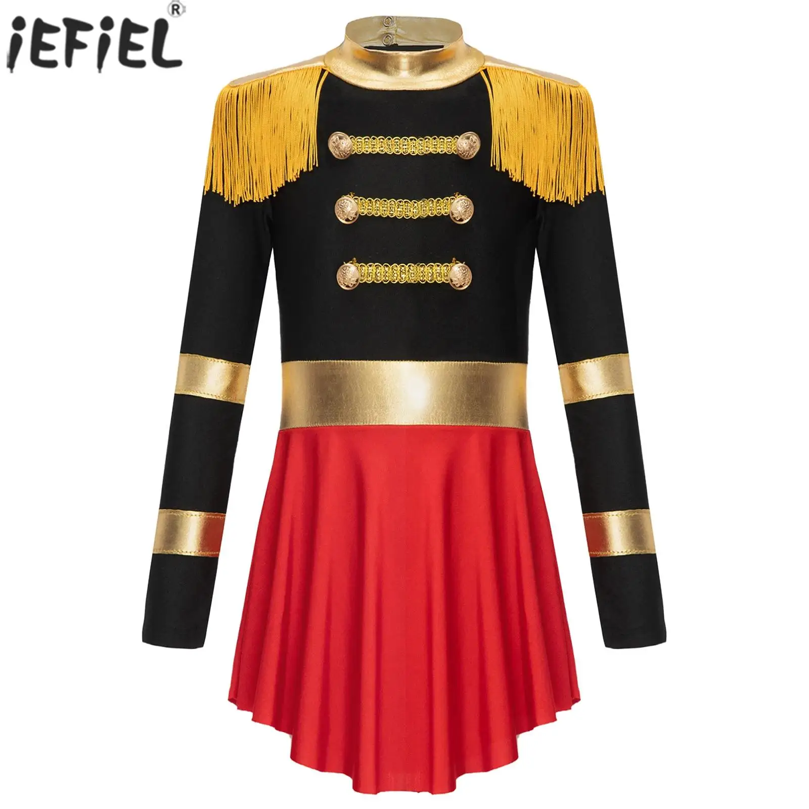 Kids Girls Circus Ringmaster Cosplay Marching Band Drummer Performance Costume Halloween Dress Up Long Sleeve Tassel Leotards