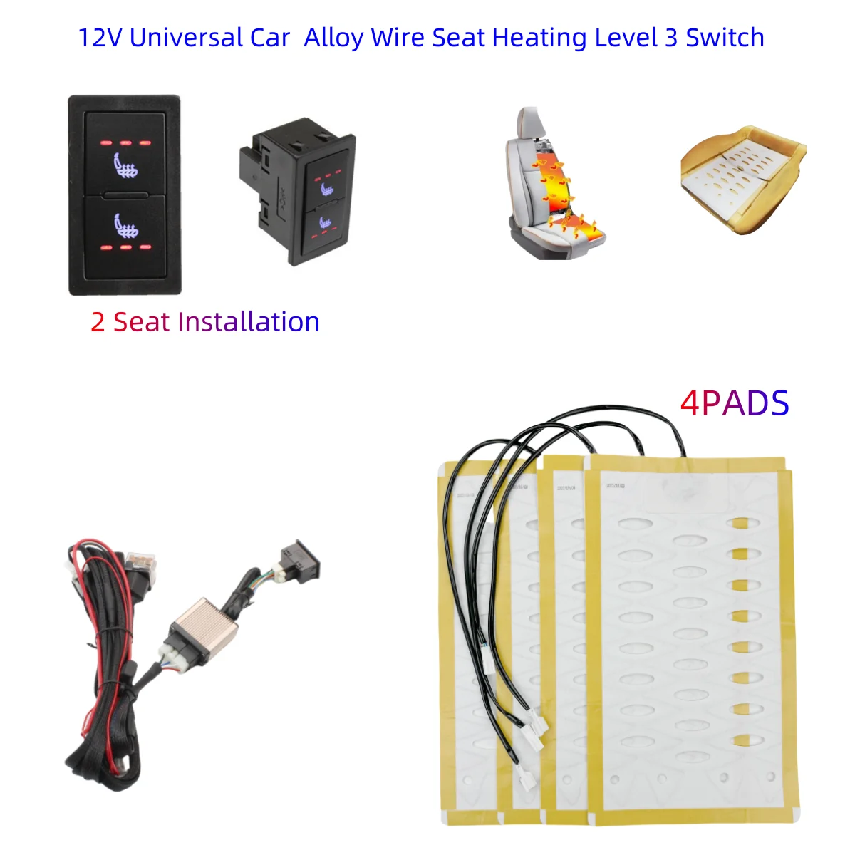 2 Seats 4 Pads Universal  Alloy wire  Heated Seat Heater Pads 12V  3 Level Switch Winter Warmer Seat Covers