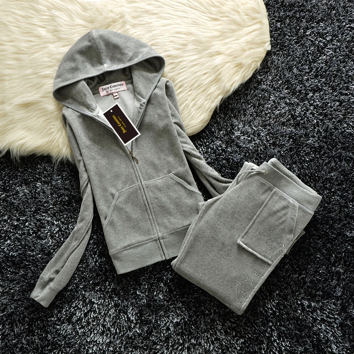 Juicy Cometure Velvet Tracksuit Women\'s Casual Hooded Sweatshirt Set Original Velvet High J Zipper Hooded Sweatshirt + Trousers