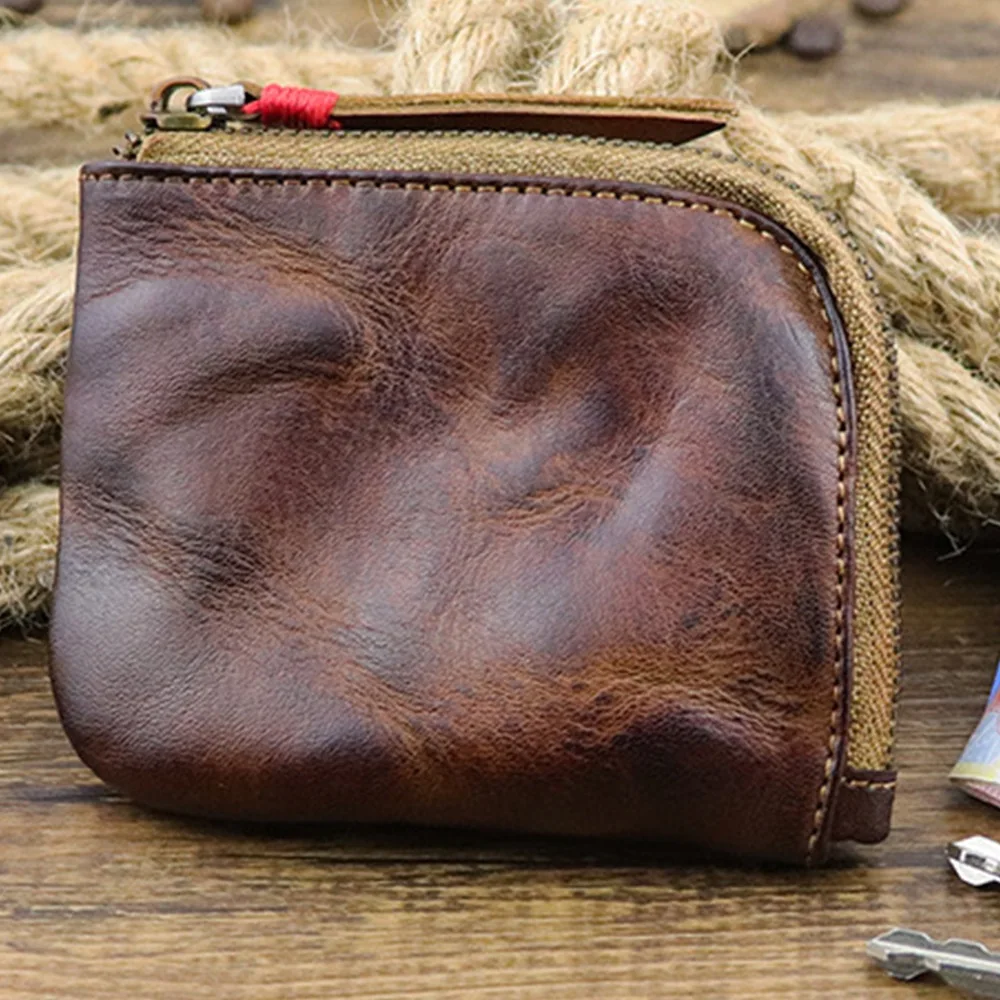 Monedero de cuero para mujer y hombre, cartera Vintage hecha a mano, Mini tarjetero, monederos con cremallera