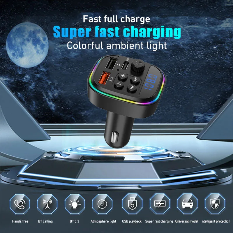 Bluetooth V5.3 Car Fm Transmitter Mp3 Player with B-Key for Switching Sound Effects, Rgb Colorful Ambient Light, 5V3A Output, Fast Charging Function for Mobile Phones, Bluetooth Hands-Free Calling, Music Playback, Universal for 12-24V Vehicles